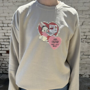 Beige sweatshirt with "Girls I Met Online" graphic on front chest